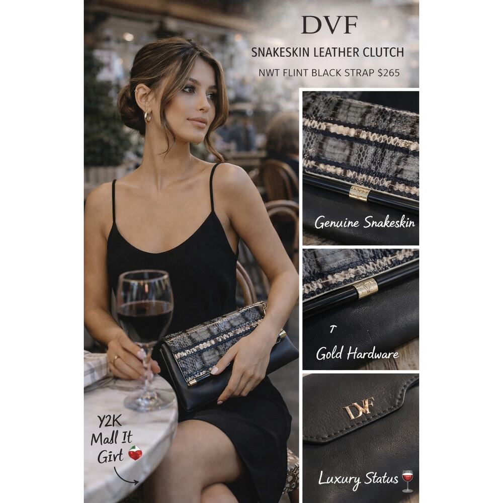 DVF Snakeskin Leather Clutch NWT Flint Black Strap $265